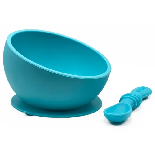 ergonomic silicone baby feeding bowl with suction base - blue